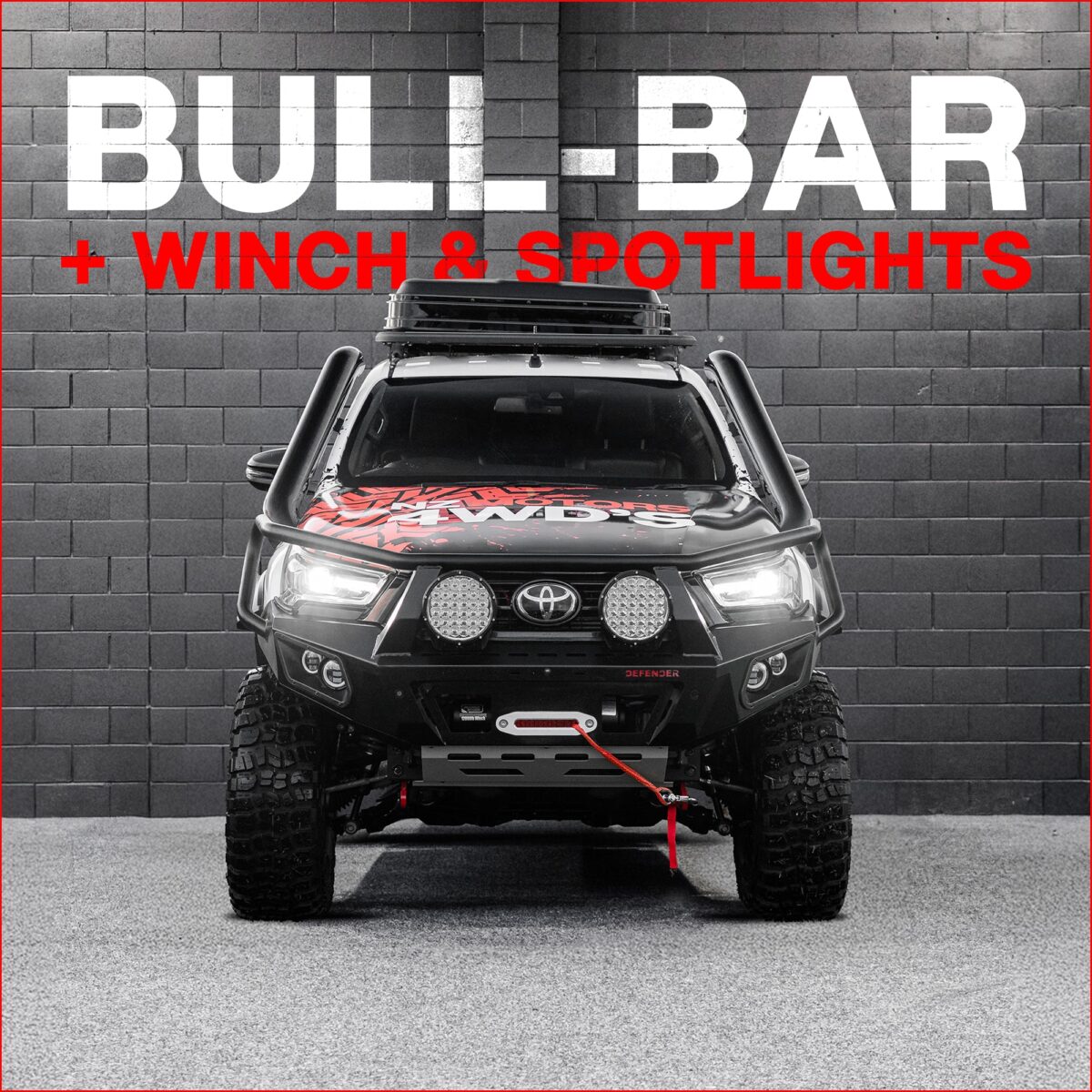 DEFENDER Off-Road Bull Bar + Winch & Spotlights Combo Package